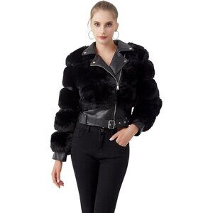 Women's Moto Style Cropped Faux Fur Leather Belted Biker Coat Zip Up Black